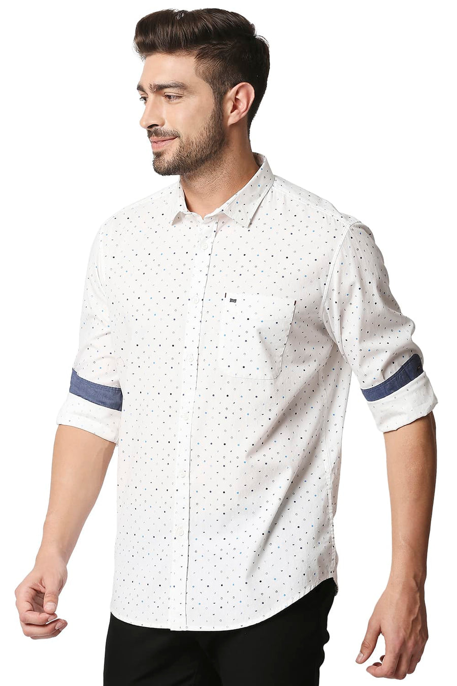 BASICS SLIM FIT CLOUD DANCER WHITE POPLIN PRINTED SHIRT