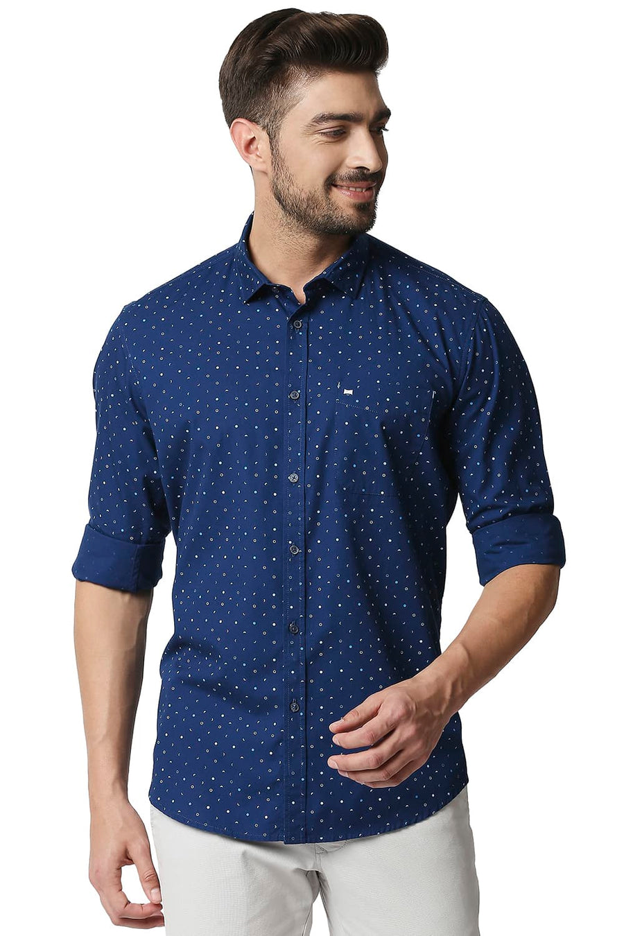 BASICS SLIM FIT POSEIDON NAVY POPLIN PRINTED SHIRT