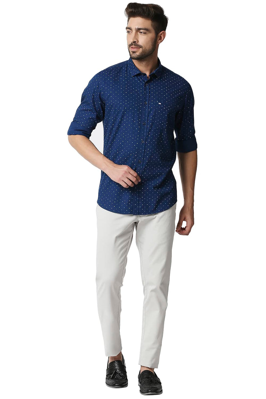 BASICS SLIM FIT POSEIDON NAVY POPLIN PRINTED SHIRT