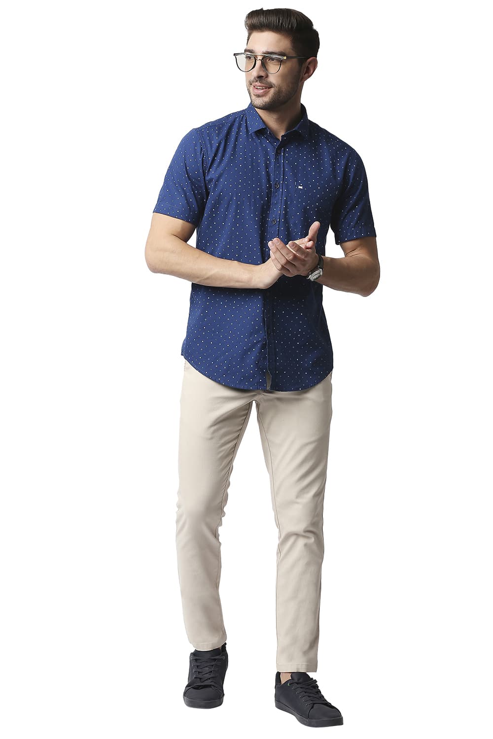 BASICS SLIM FIT POPLIN PRINTED HALFSLEEVES SHIRT