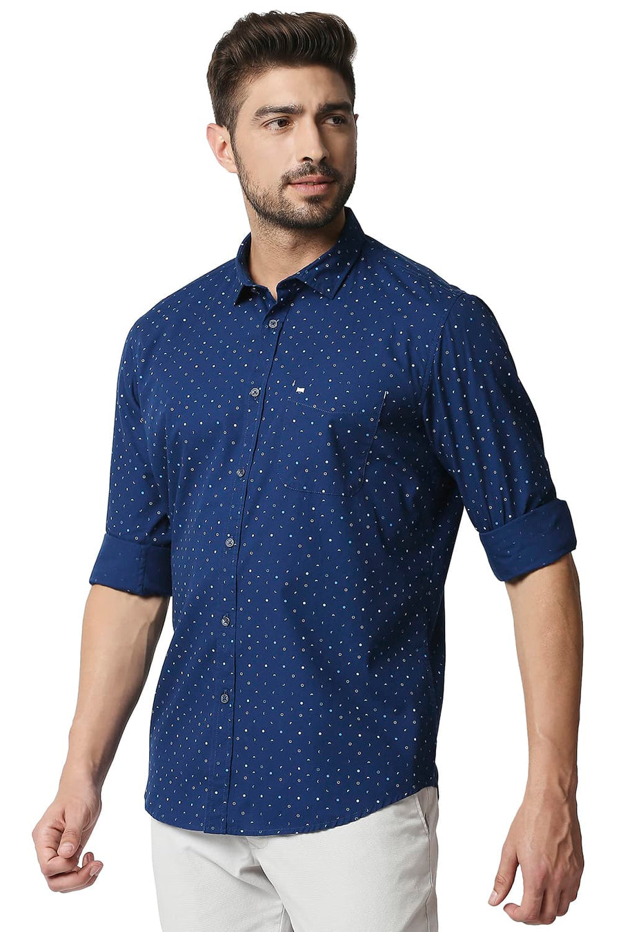 BASICS SLIM FIT POSEIDON NAVY POPLIN PRINTED SHIRT