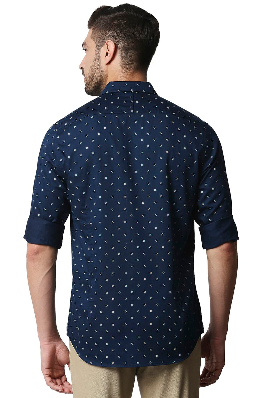 BASICS SLIM FIT TITAN NAVY SATIN PRINTED SHIRT