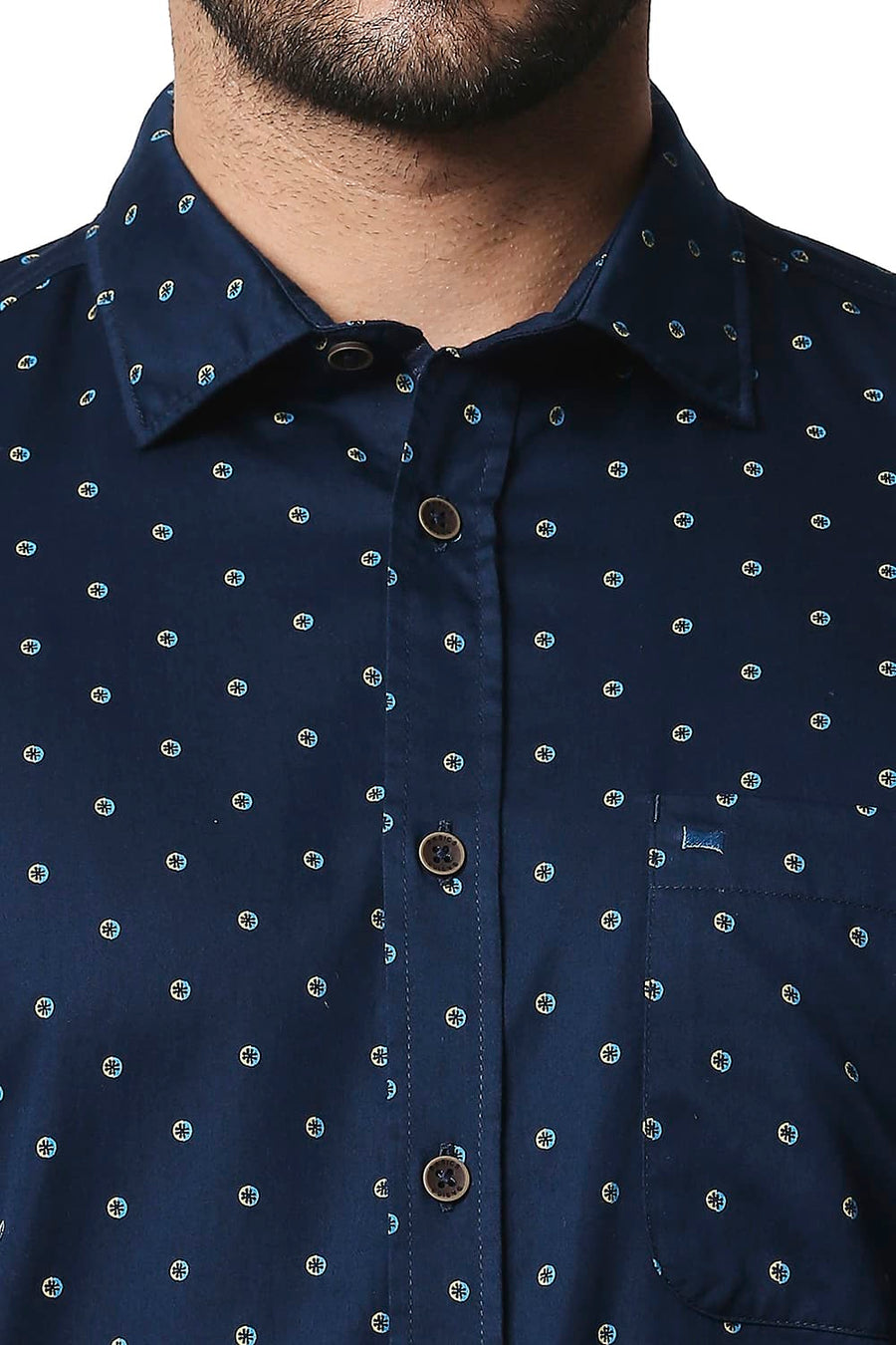 BASICS SLIM FIT TITAN NAVY SATIN PRINTED SHIRT