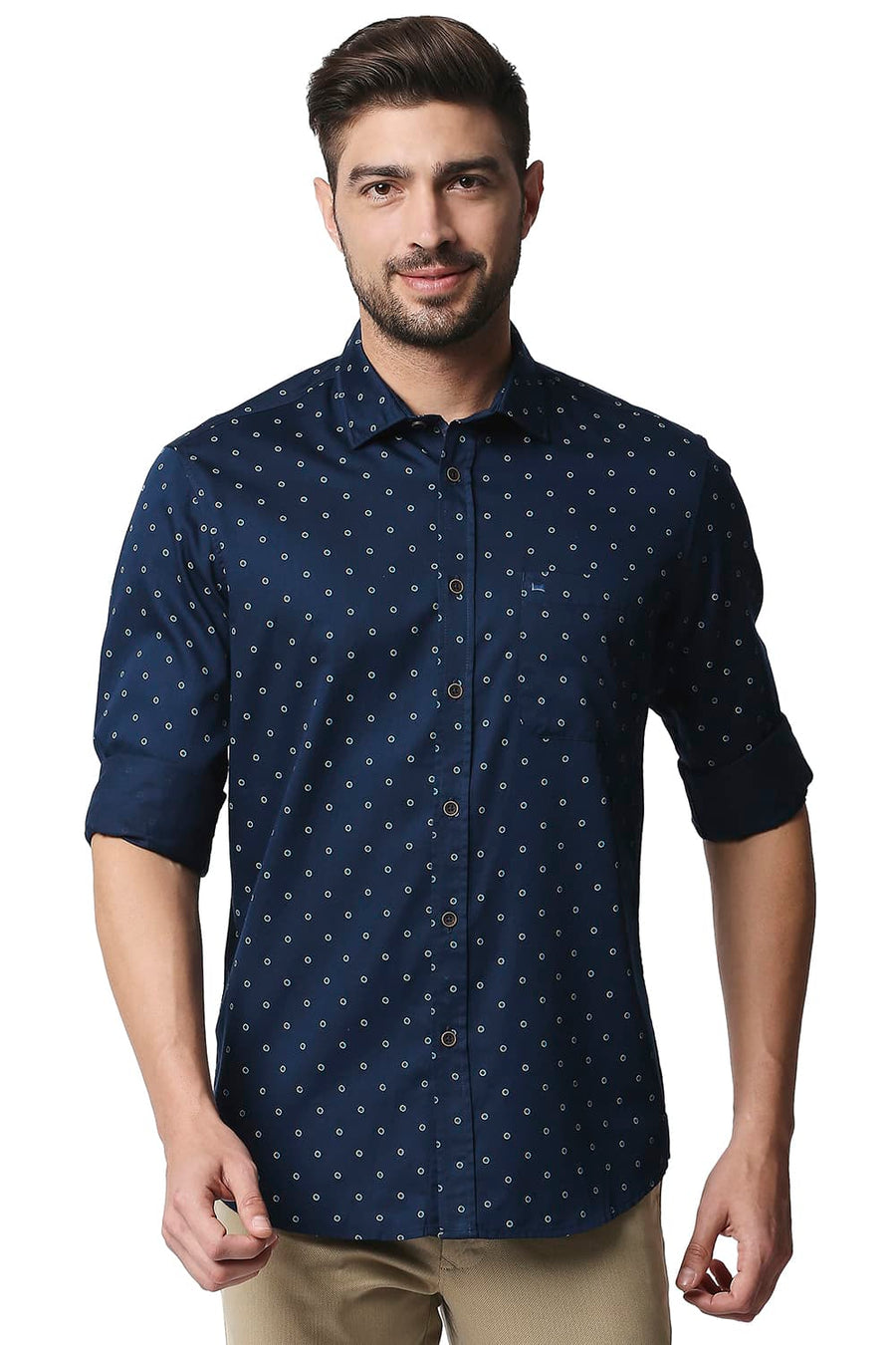 BASICS SLIM FIT TITAN NAVY SATIN PRINTED SHIRT