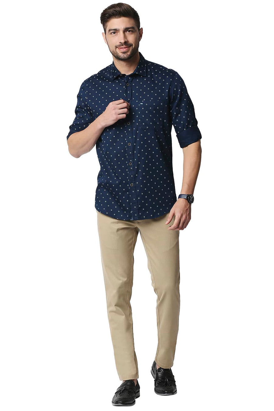 BASICS SLIM FIT TITAN NAVY SATIN PRINTED SHIRT