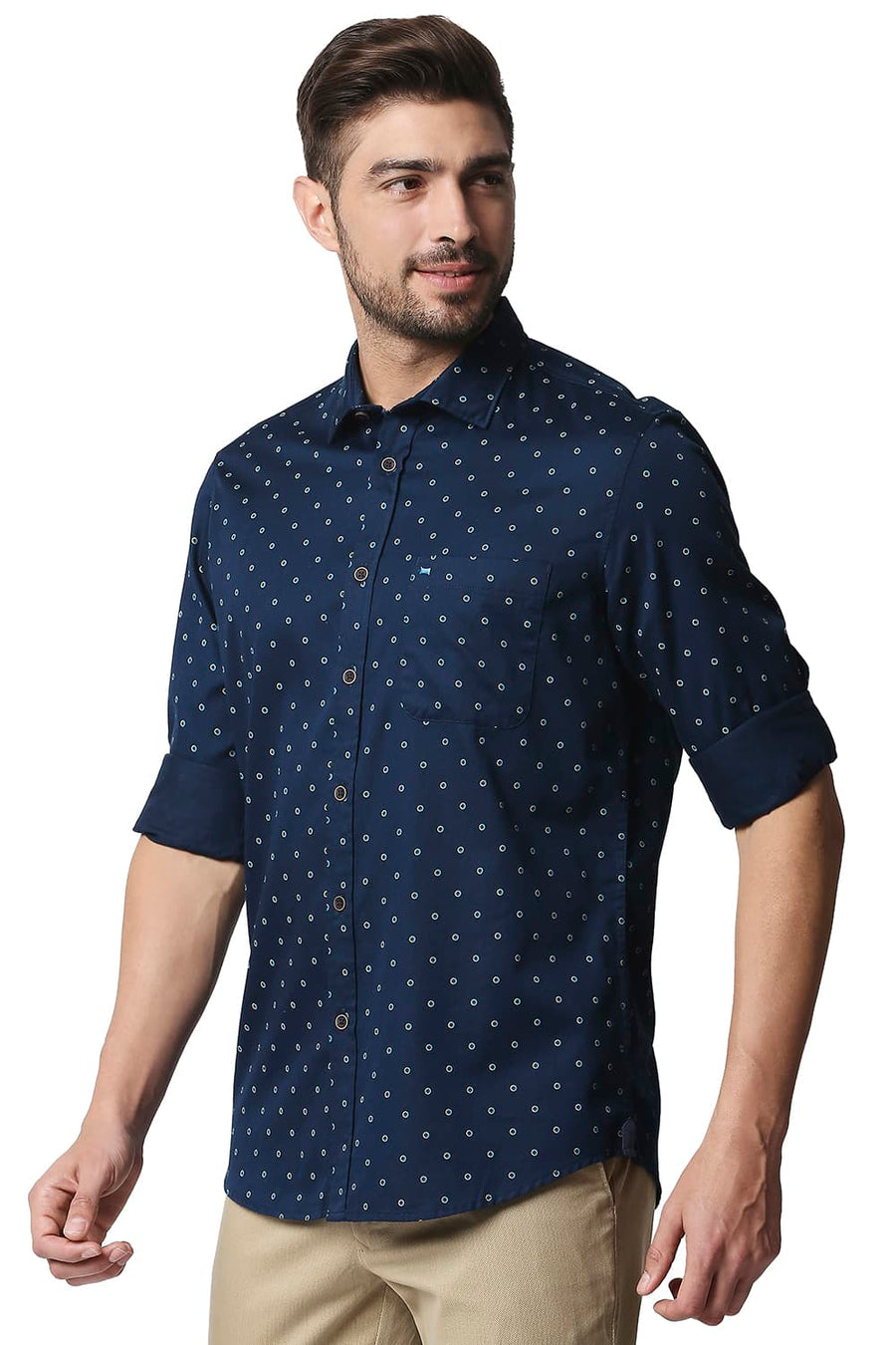 BASICS SLIM FIT TITAN NAVY SATIN PRINTED SHIRT