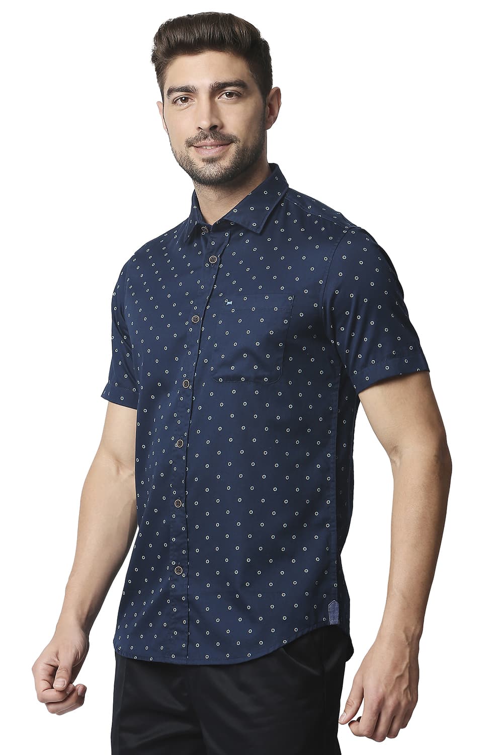 BASICS SLIM FIT SATIN PRINTED HALFSLEEVES SHIRT