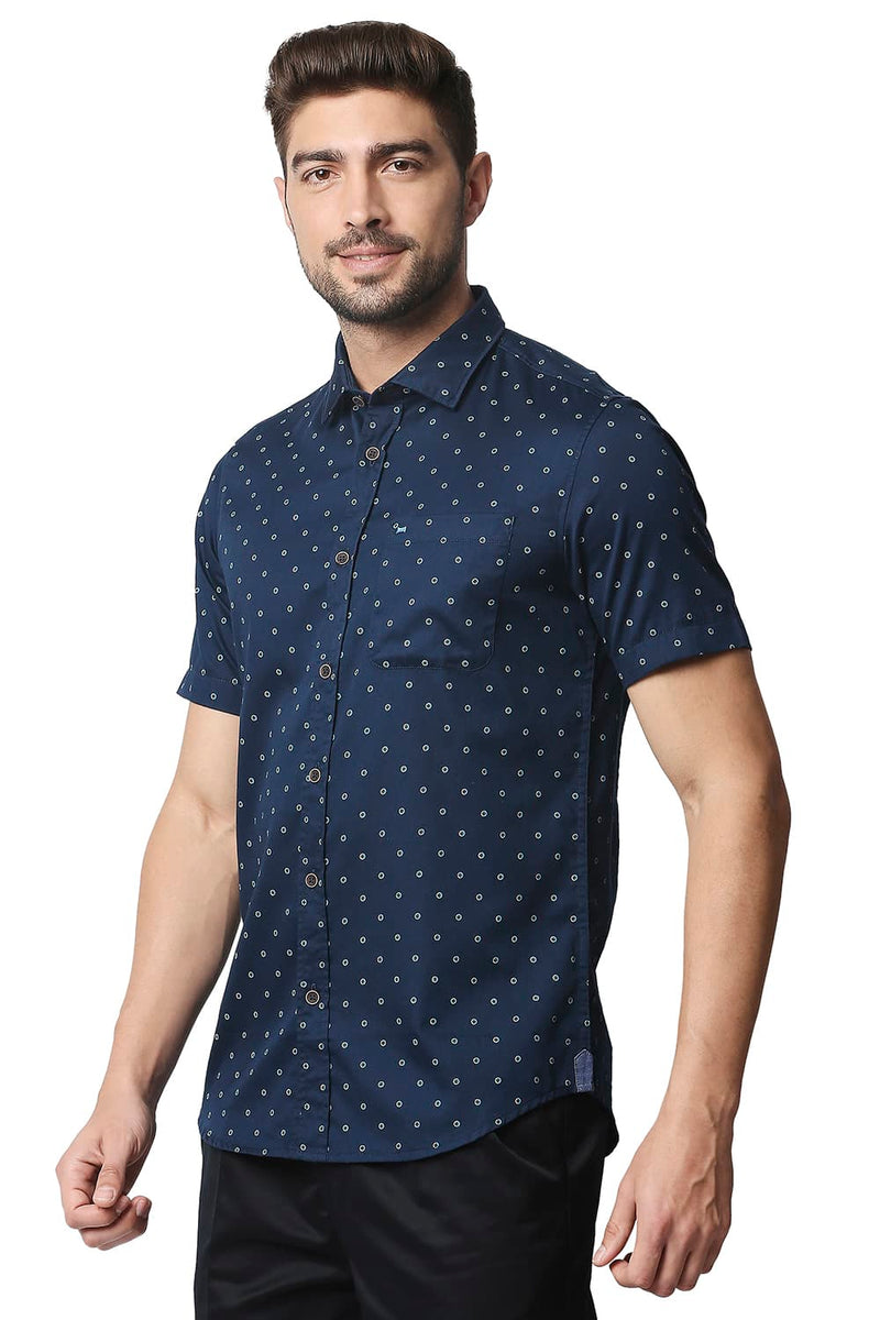 BASICS SLIM FIT SATIN PRINTED HALFSLEEVES SHIRT