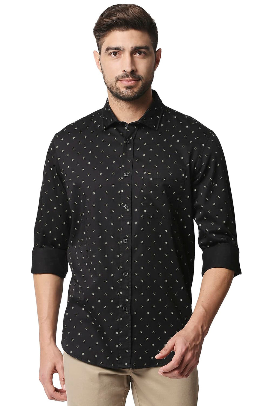 BASICS SLIM FIT SCARAB GREEN SATIN PRINTED SHIRT
