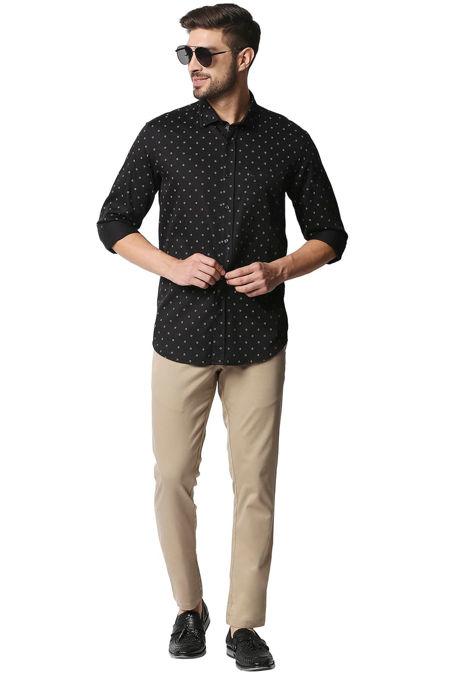 BASICS SLIM FIT SCARAB GREEN SATIN PRINTED SHIRT