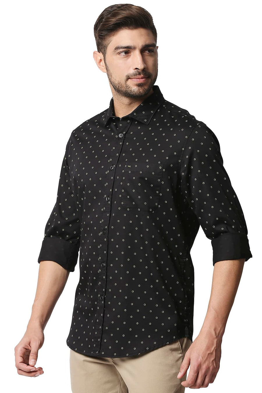 BASICS SLIM FIT SCARAB GREEN SATIN PRINTED SHIRT