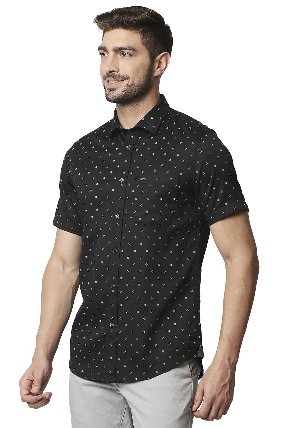 BASICS SLIM FIT SATIN PRINTED HALFSLEEVES SHIRT