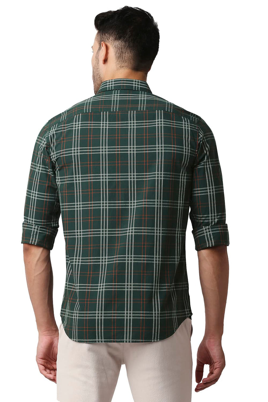 BASICS SLIM FIT JUNE BUG GREEN COTTON CHECKS SHIRT