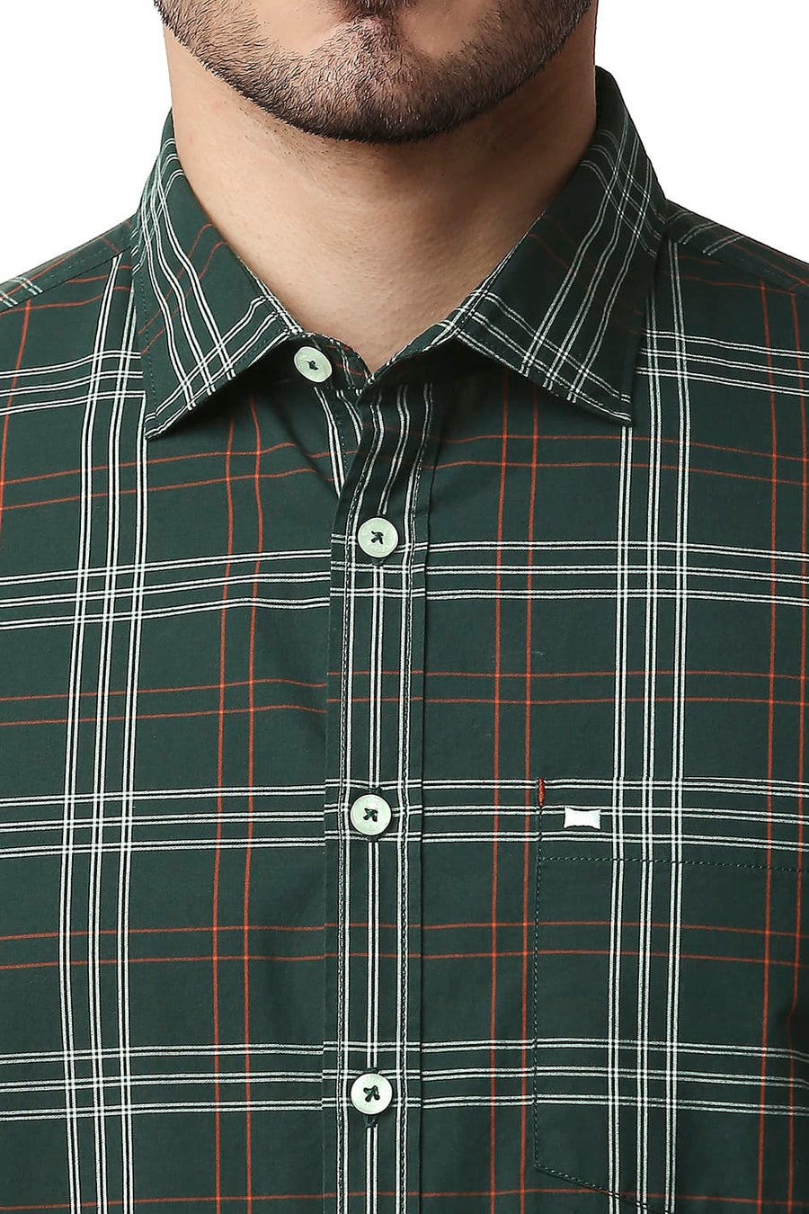 BASICS SLIM FIT JUNE BUG GREEN COTTON CHECKS SHIRT