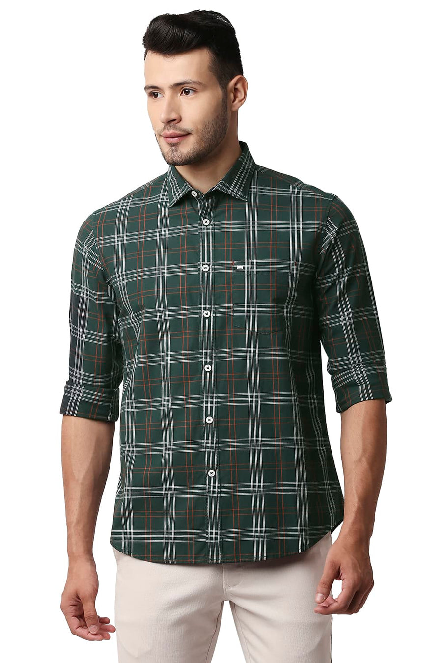 BASICS SLIM FIT JUNE BUG GREEN COTTON CHECKS SHIRT