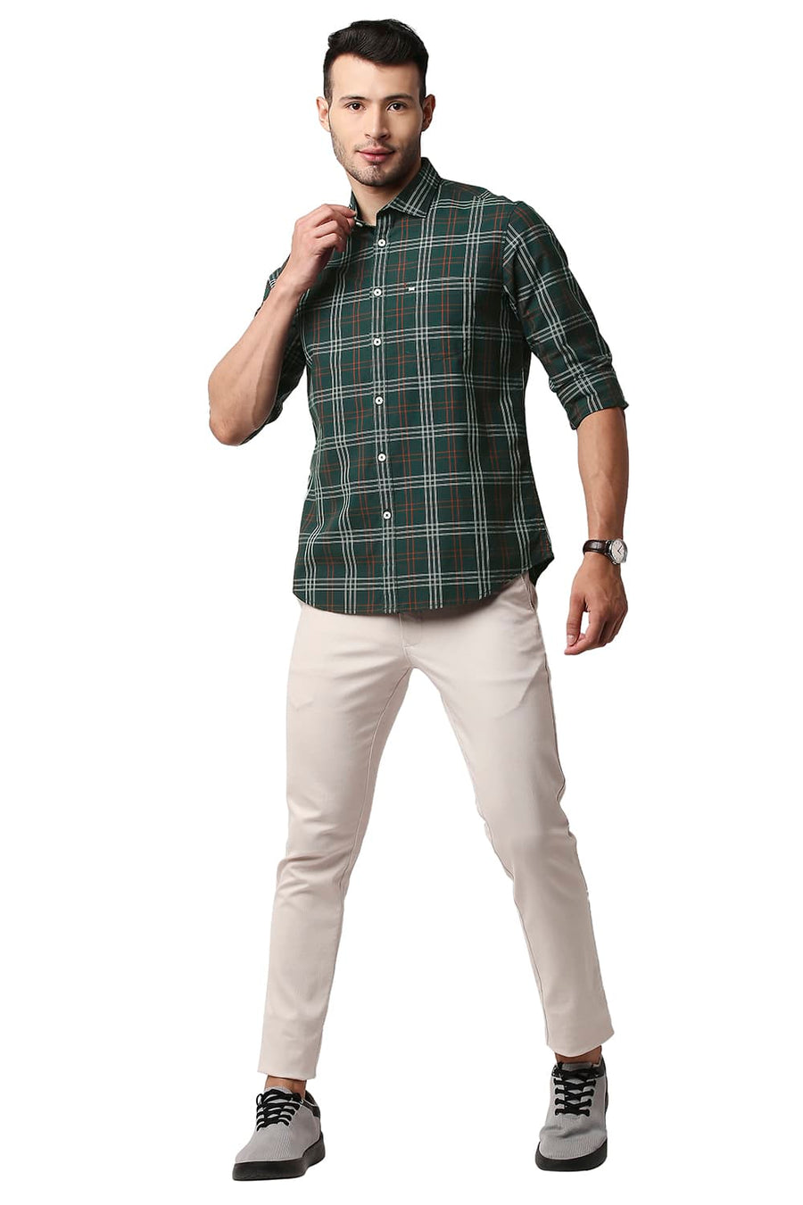 BASICS SLIM FIT JUNE BUG GREEN COTTON CHECKS SHIRT