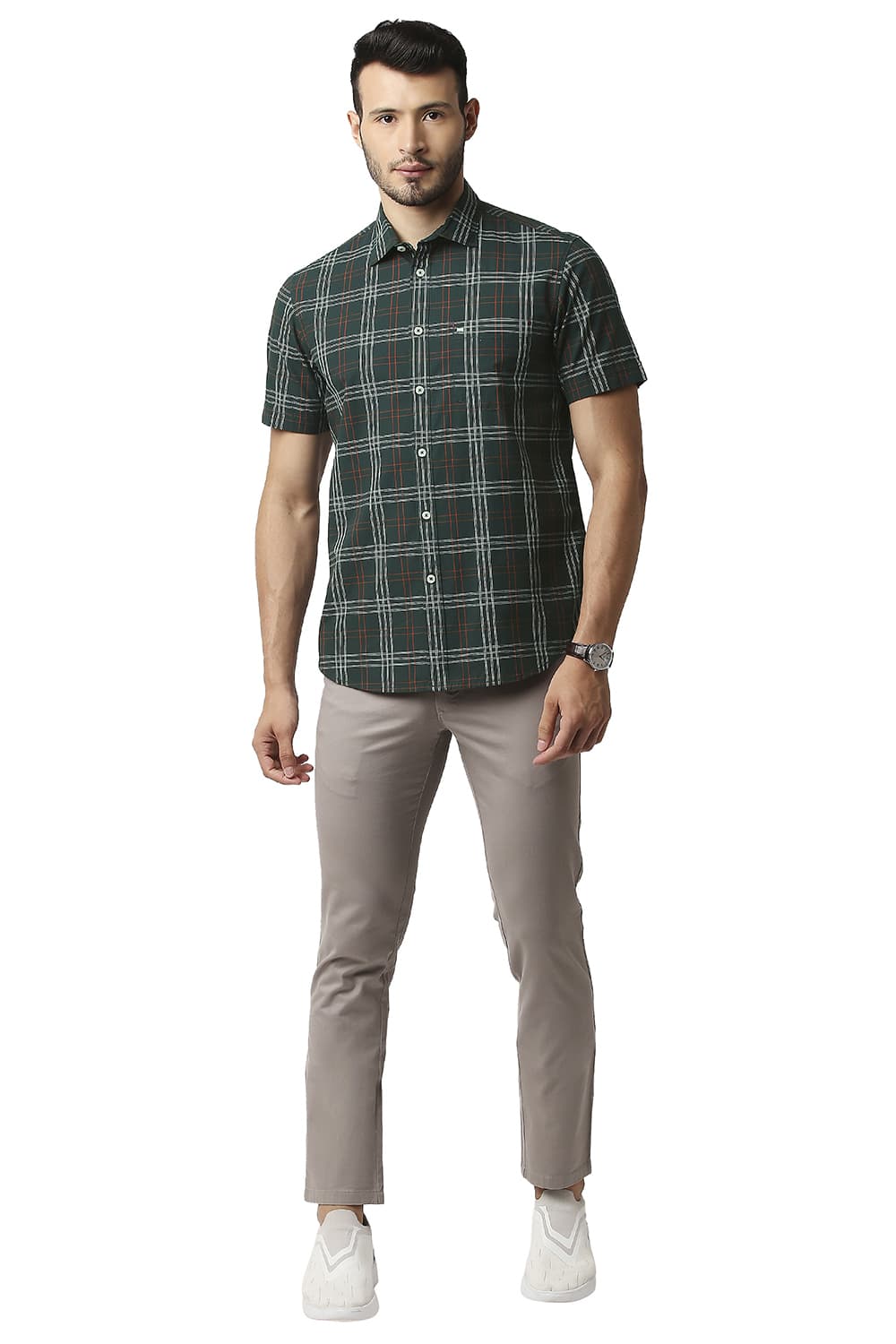 BASICS SLIM FIT COTTON CHECKS HALFSLEEVES SHIRT