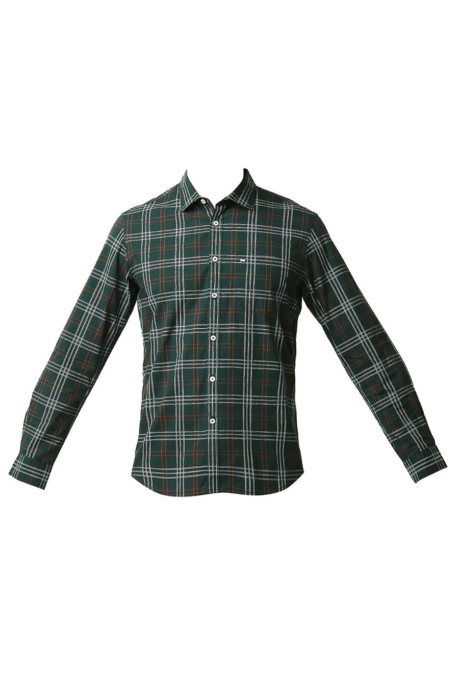 BASICS SLIM FIT JUNE BUG GREEN COTTON CHECKS SHIRT