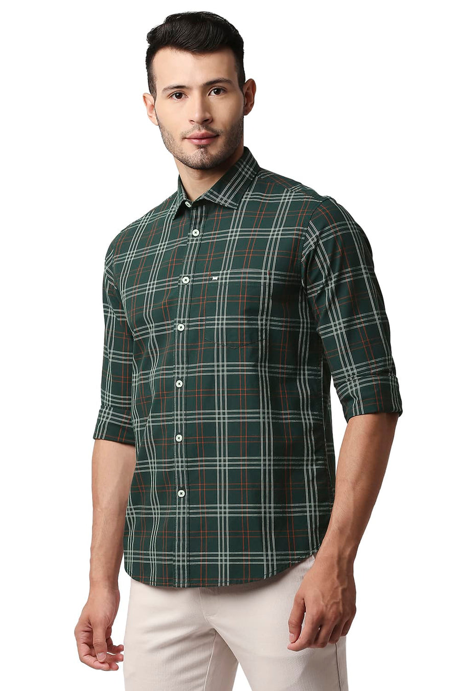BASICS SLIM FIT JUNE BUG GREEN COTTON CHECKS SHIRT