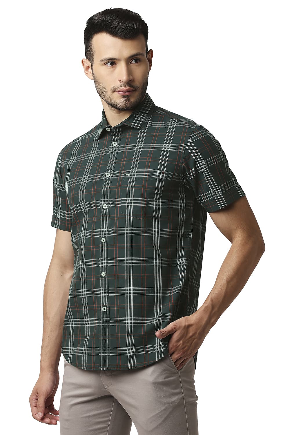 BASICS SLIM FIT COTTON CHECKS HALFSLEEVES SHIRT