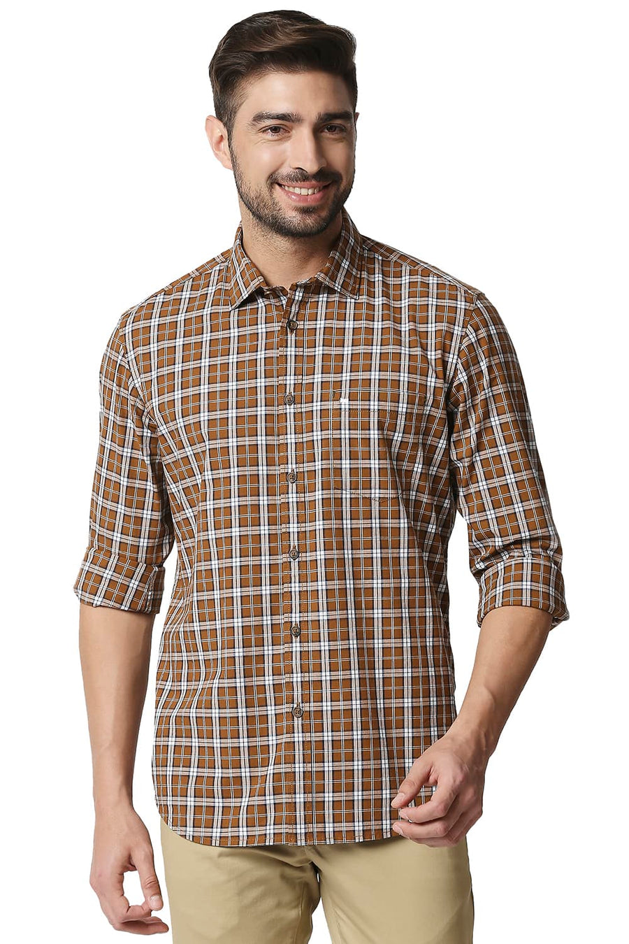 BASICS SLIM FIT ROASTED BROWN CHECKS SHIRT
