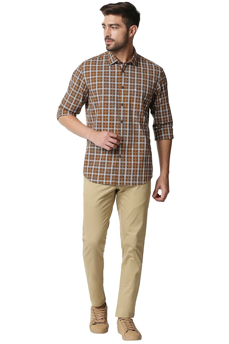 BASICS SLIM FIT ROASTED BROWN CHECKS SHIRT