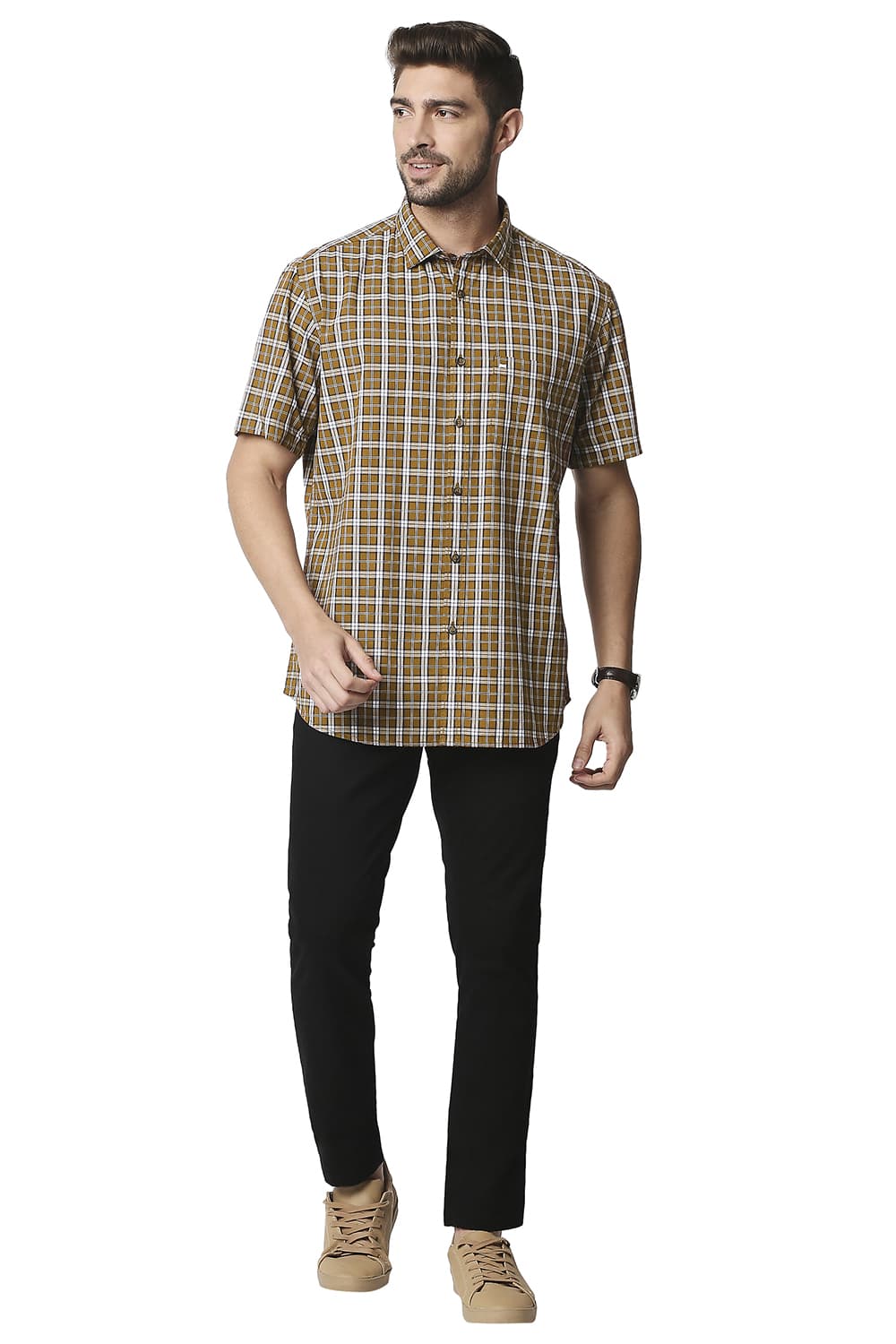 BASICS SLIM FIT CHECKS HALFSLEEVES SHIRT