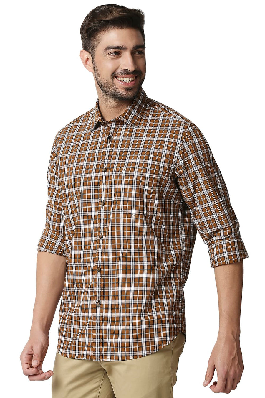 BASICS SLIM FIT ROASTED BROWN CHECKS SHIRT
