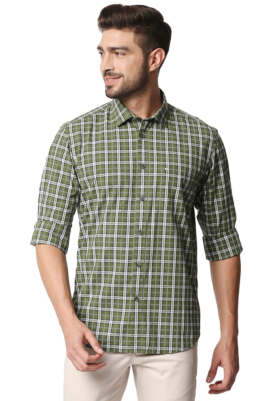 BASICS SLIM FIT DIL GREEN CHECKS SHIRT