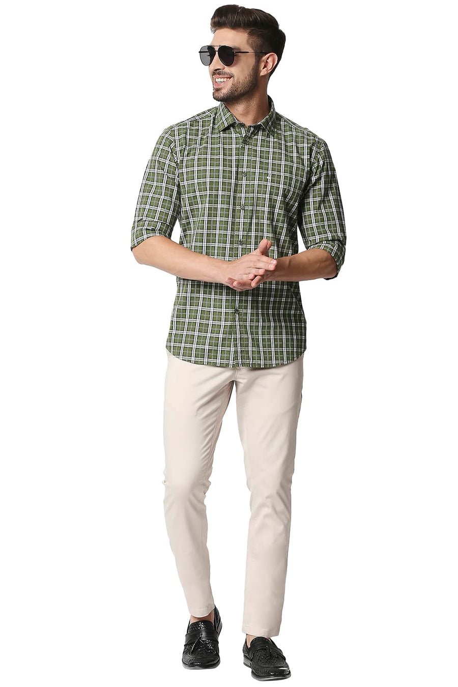 BASICS SLIM FIT DIL GREEN CHECKS SHIRT
