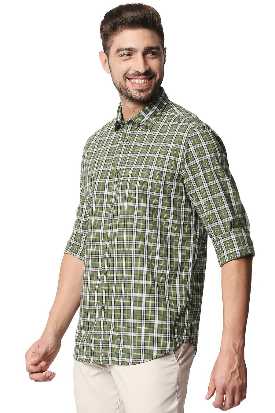 BASICS SLIM FIT DIL GREEN CHECKS SHIRT