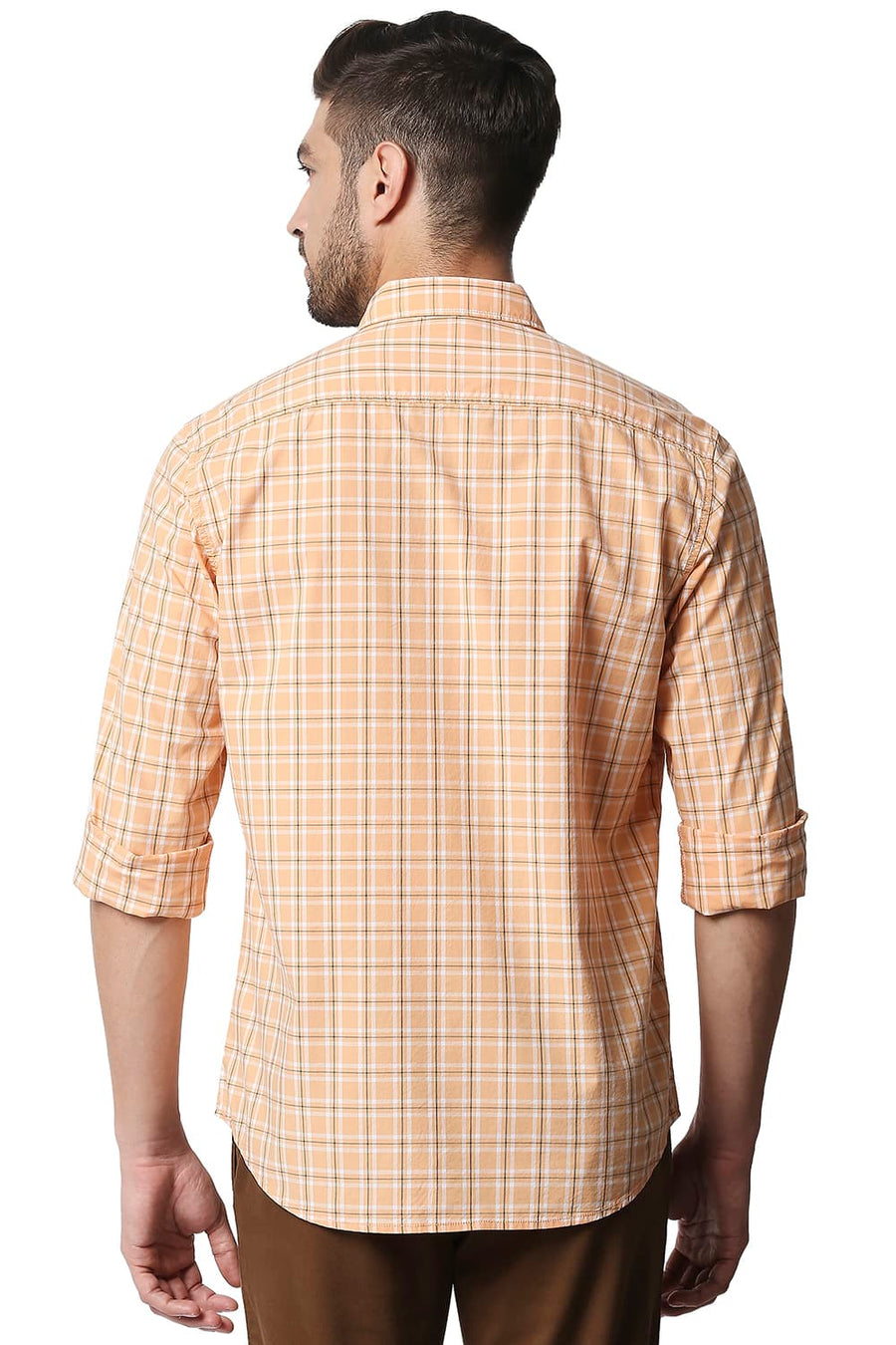 BASICS SLIM FIT SALMON ORANGE CHECKS SHIRT