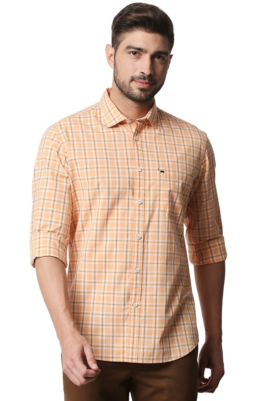 BASICS SLIM FIT SALMON ORANGE CHECKS SHIRT