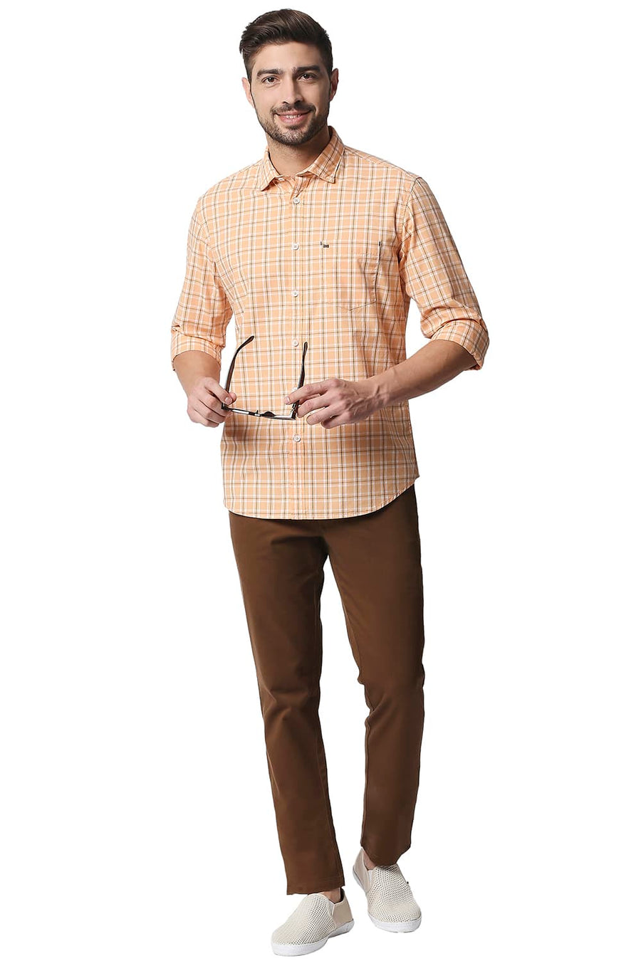 BASICS SLIM FIT SALMON ORANGE CHECKS SHIRT