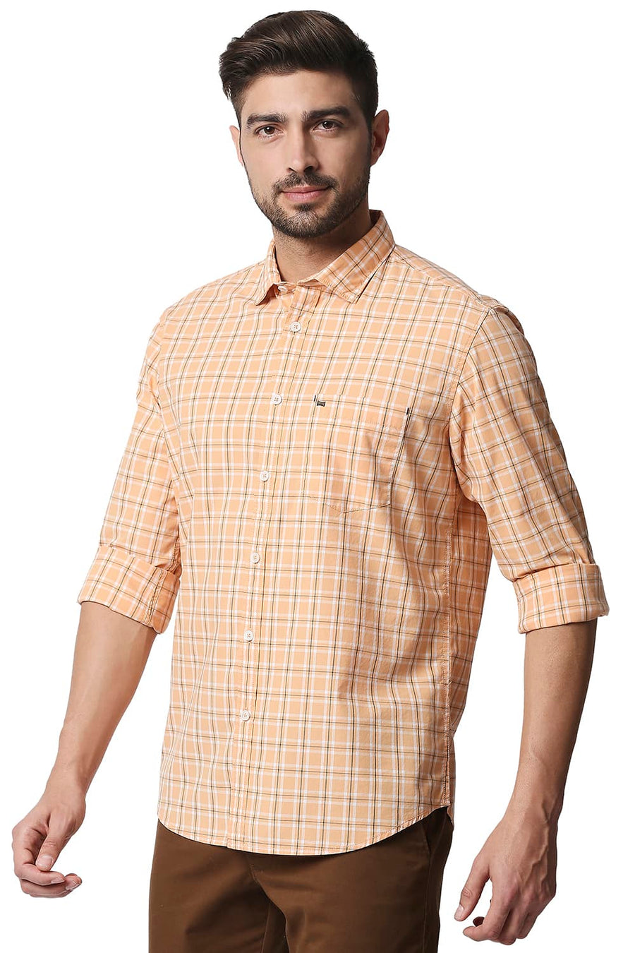 BASICS SLIM FIT SALMON ORANGE CHECKS SHIRT