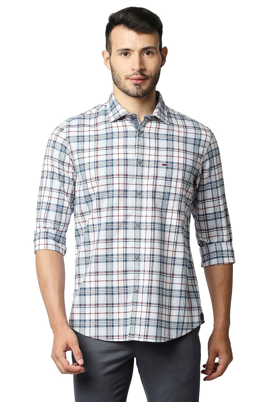 BASICS SLIM FIT MOROCCAN BLUE TWILL CHECKS SHIRT