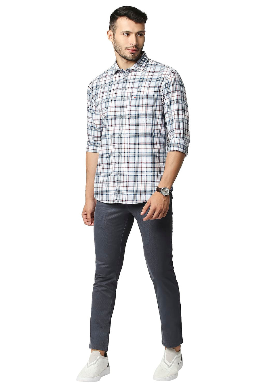 BASICS SLIM FIT MOROCCAN BLUE TWILL CHECKS SHIRT