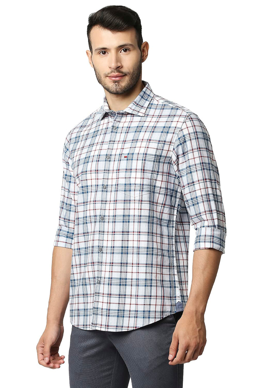 BASICS SLIM FIT MOROCCAN BLUE TWILL CHECKS SHIRT