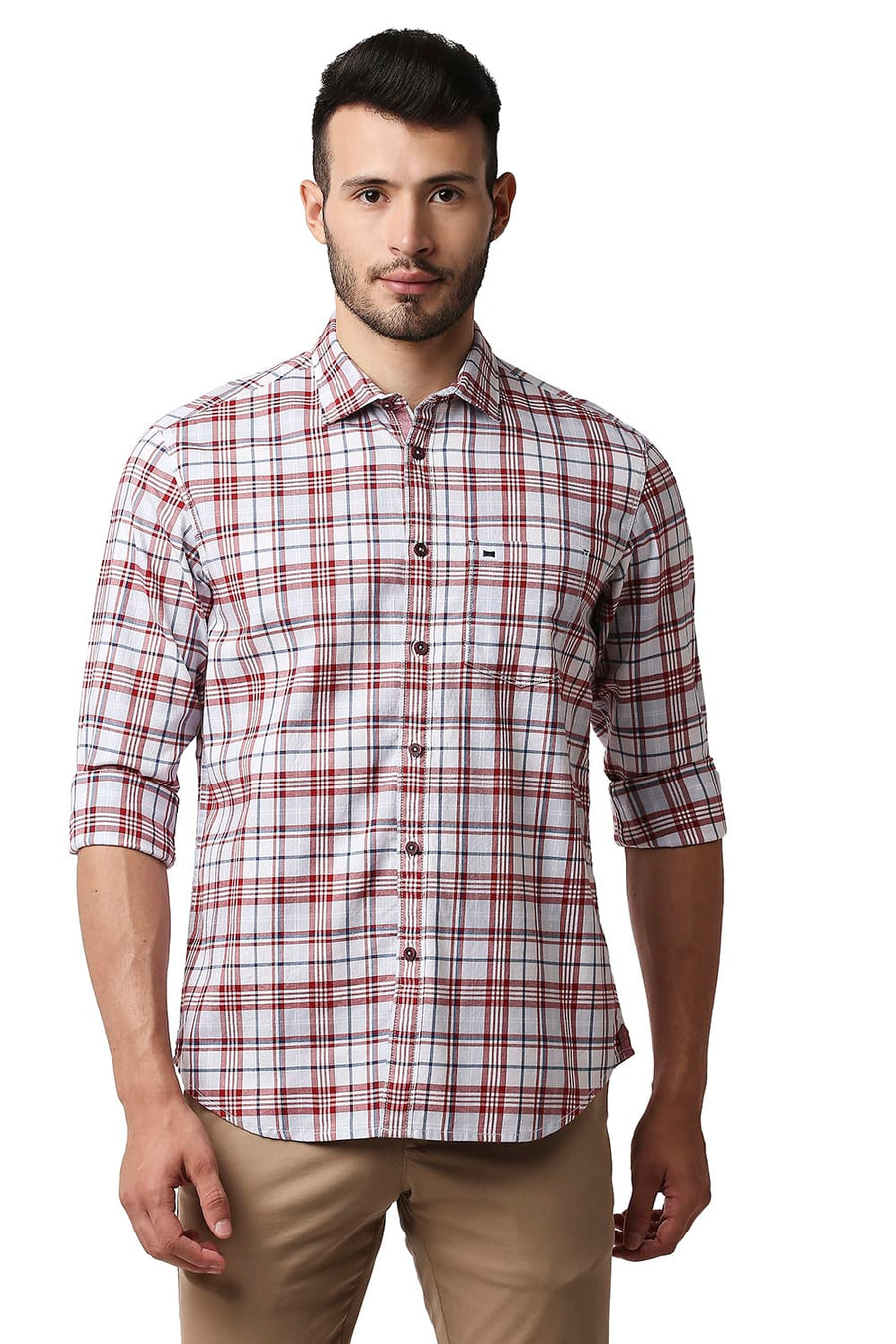 BASICS SLIM FIT SAMBA RED TWILL CHECKS SHIRT