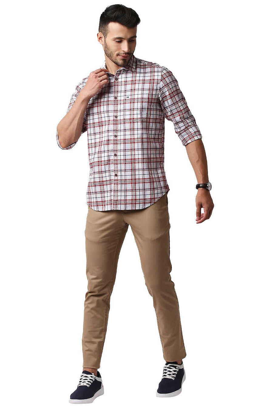 BASICS SLIM FIT SAMBA RED TWILL CHECKS SHIRT