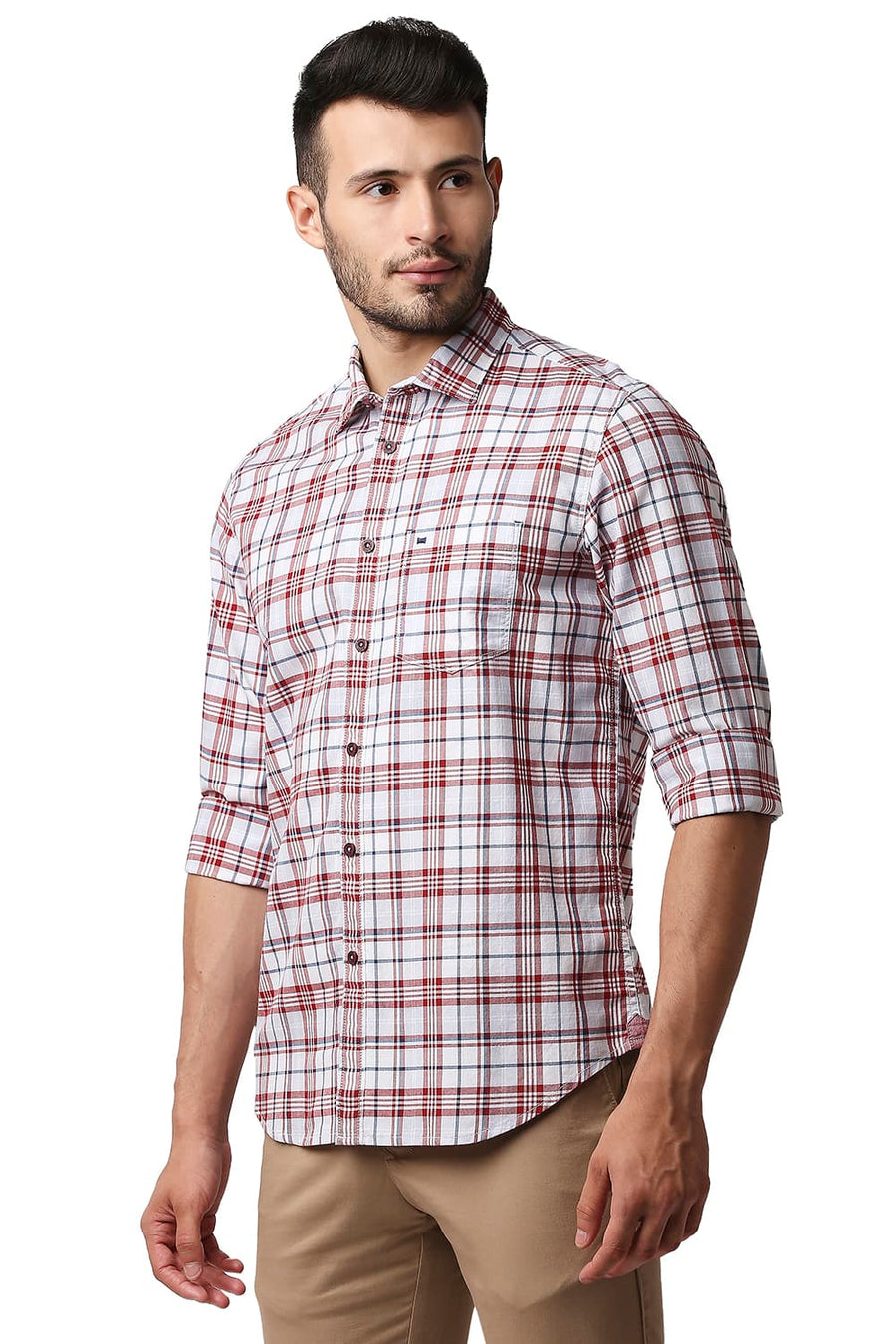 BASICS SLIM FIT SAMBA RED TWILL CHECKS SHIRT
