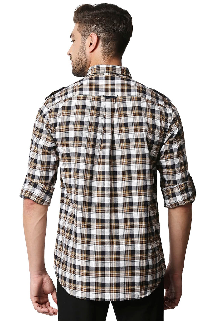 BASICS SLIM FIT PINECONE BROWN TWILL CHECKS SHIRT SHIRT