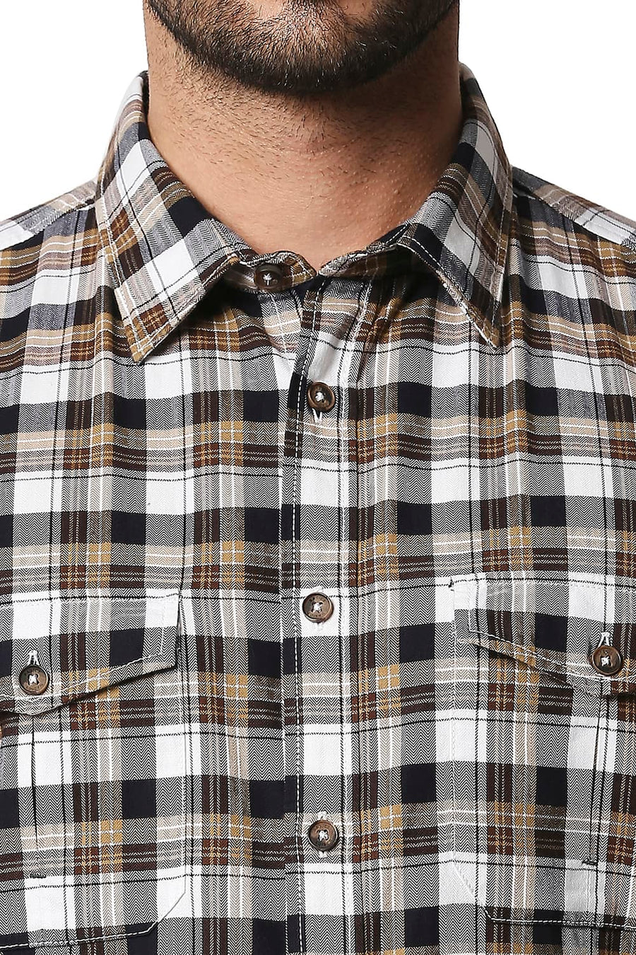 BASICS SLIM FIT PINECONE BROWN TWILL CHECKS SHIRT SHIRT