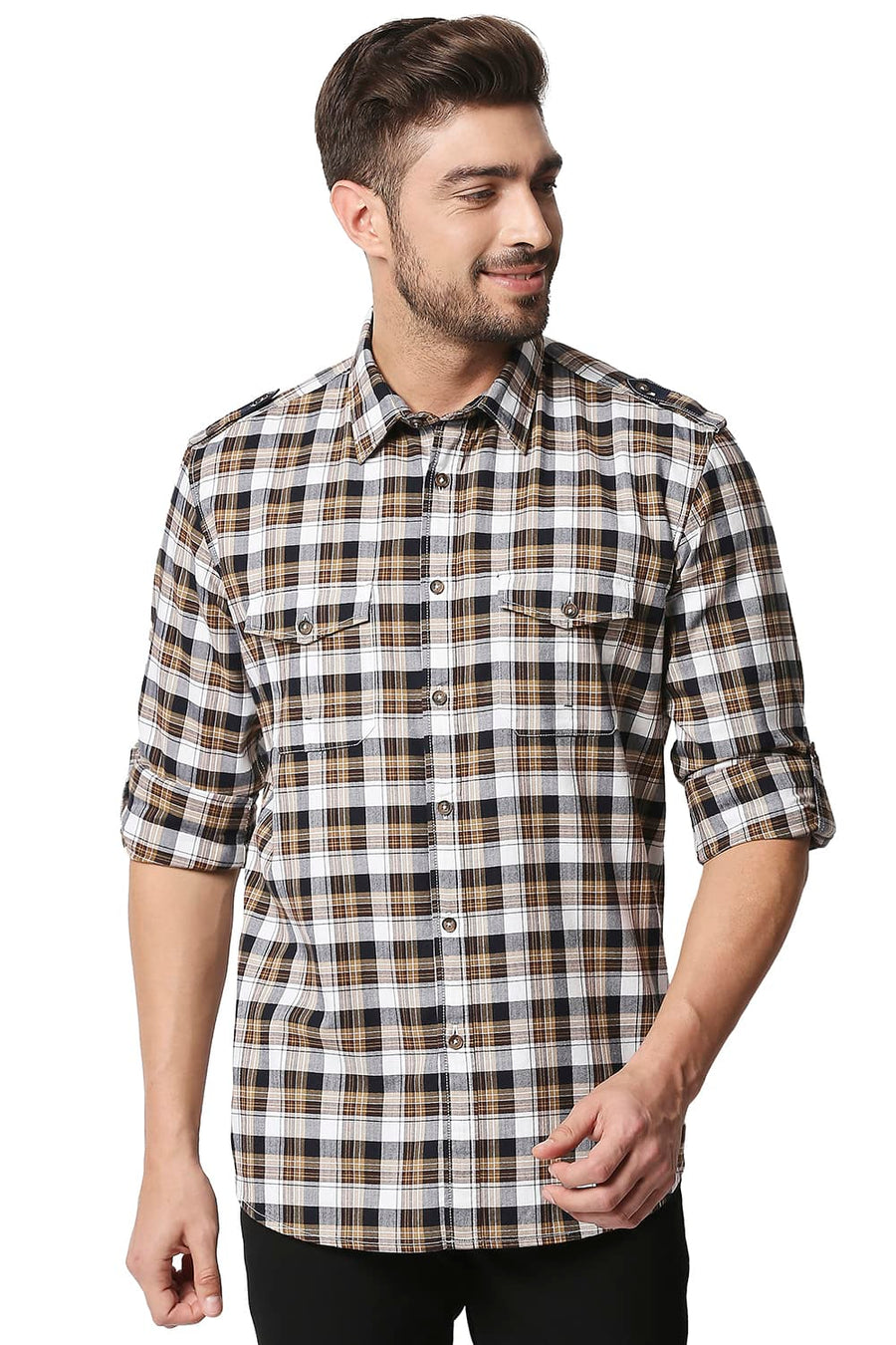 BASICS SLIM FIT PINECONE BROWN TWILL CHECKS SHIRT SHIRT