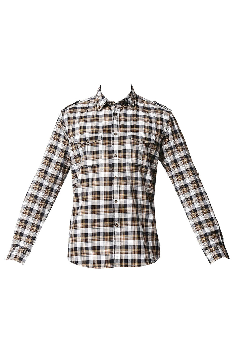 BASICS SLIM FIT PINECONE BROWN TWILL CHECKS SHIRT SHIRT