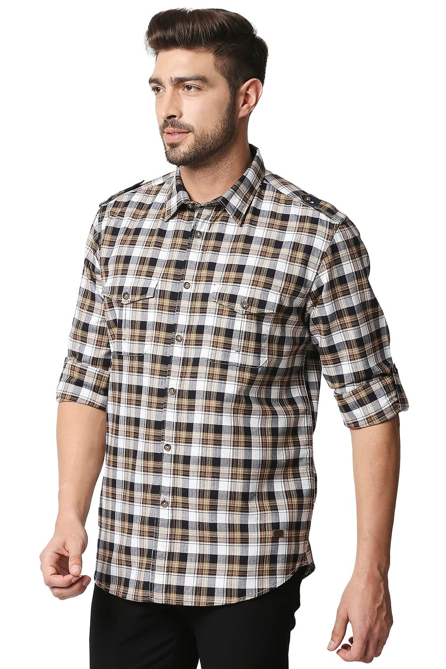 BASICS SLIM FIT PINECONE BROWN TWILL CHECKS SHIRT SHIRT