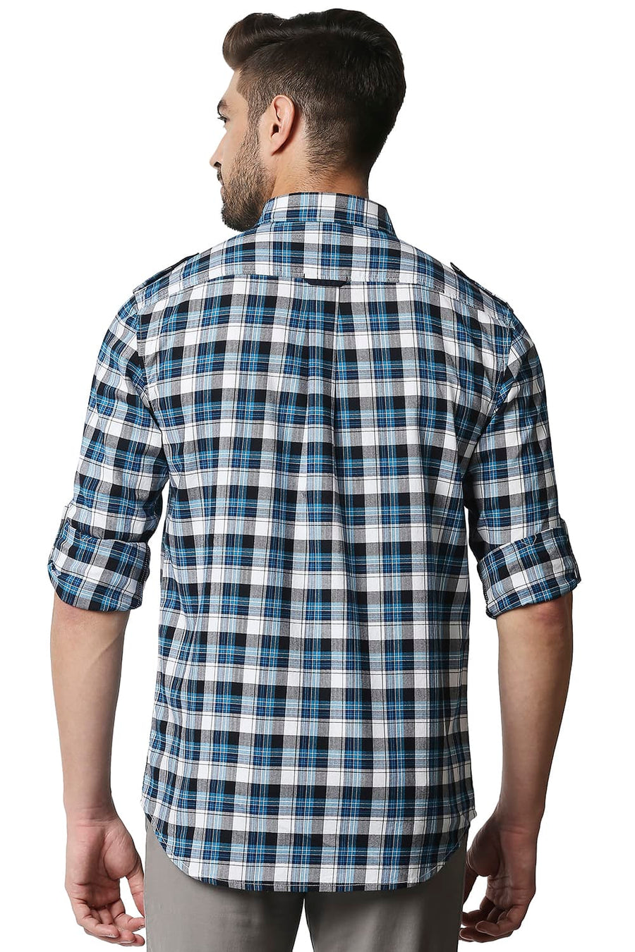 BASICS SLIM FIT TURKISH BLUE TWILL CHECKS SHIRT SHIRT