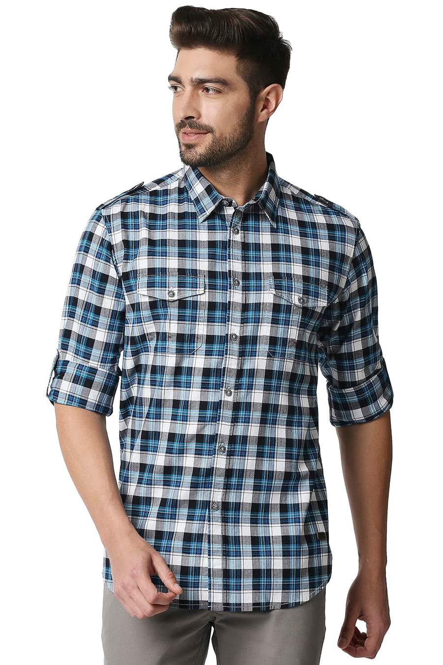 BASICS SLIM FIT TURKISH BLUE TWILL CHECKS SHIRT SHIRT