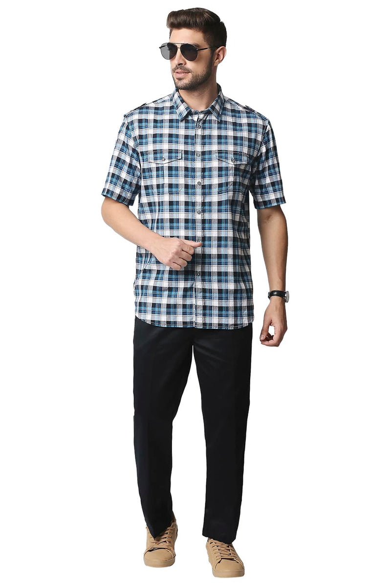 BASICS SLIM FIT TWILL CHECKS HALFSLEEVES SHIRT HALFSLEEVES SHIRT