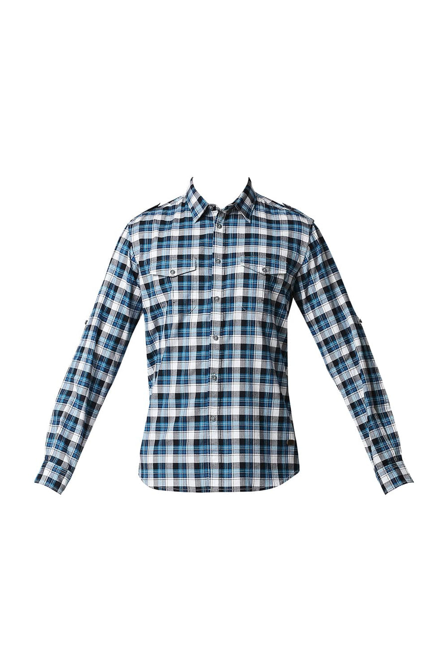 BASICS SLIM FIT TURKISH BLUE TWILL CHECKS SHIRT SHIRT